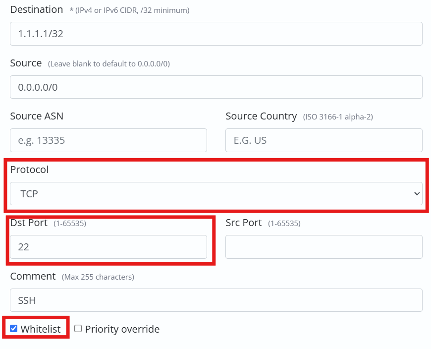The rule form set to TCP, port 22, with Whitelist checked